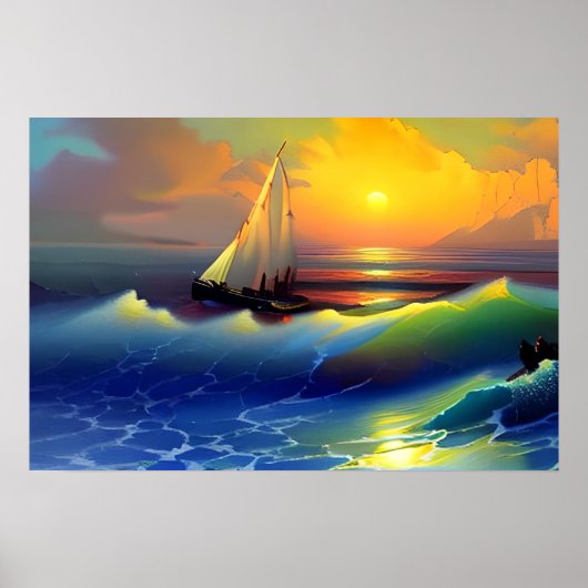 Oceaangolven, Zeilboot en Zonsondergang Reflection Poster (Voorkant)