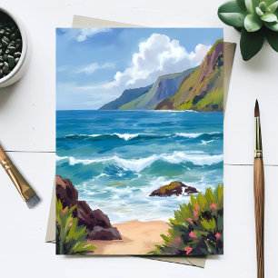 Oceaankust Blauwe Golven Aquarel Schilderij Briefkaart