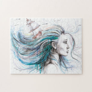 Oceaanmeisje Nautical Surreal Waterverf kunst Legpuzzel