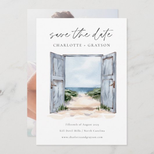 Oceaanstrand Aquarel Trouwkaart Save the Date (Voorkant / Achterkant)