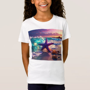 Oceaanstrand met paarse zeester t-shirt