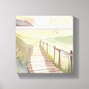 Oceaanwandeling   Gele Zonsondergang Aquarel Canvas Afdruk