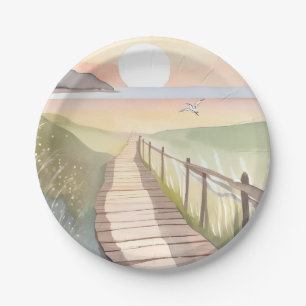 Oceaanwandeling   Gele Zonsondergang Aquarel Papieren Bordje