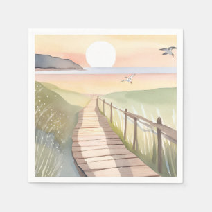 Oceaanwandeling   Gele Zonsondergang Aquarel Servet