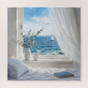 Oceaanzicht in een slaapkamerraam legpuzzel