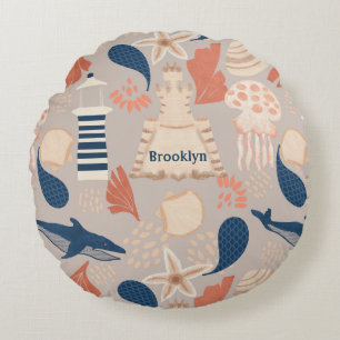 Ocean Adventure - Walvissen, kwallen & vuurtoren p Rond Kussen