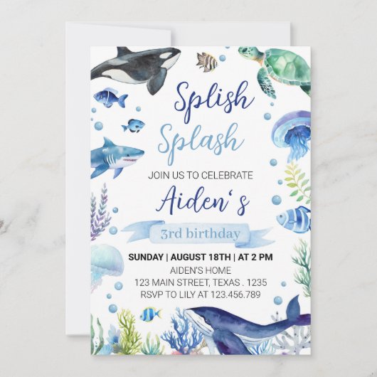 Ocean Animal Boy Verjaardagsuitnodiging onder het Kaart (Voorkant)
