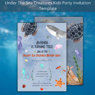 Ocean Animals Kids Verjaardagsfeestje Blauwe Uitno Kaart