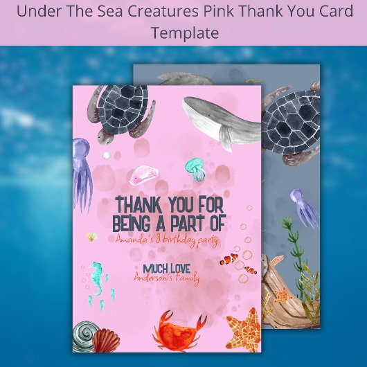 Ocean Animals Kinder Party Roze Dank u kaart
