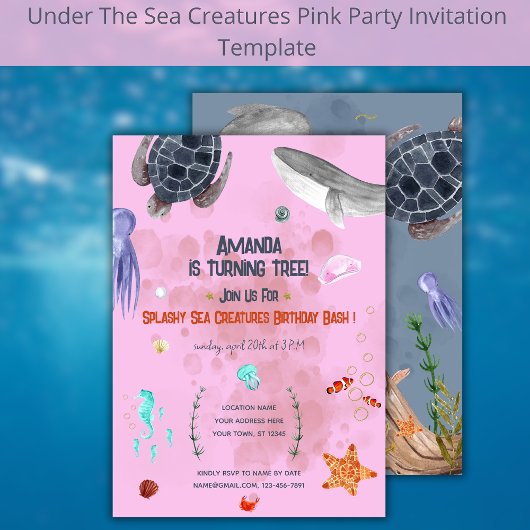 Ocean Animaux Tortue Enfants Fête rose Invitation