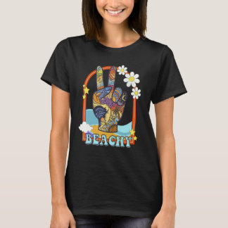 Ocean Beach Beachy Peace Sign Hand Groovy Retro Vi T-shirt