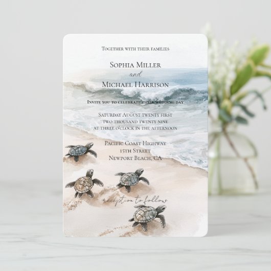 Ocean Beach Coast Sea Turtles Wedding Kaart (Staand voorkant)