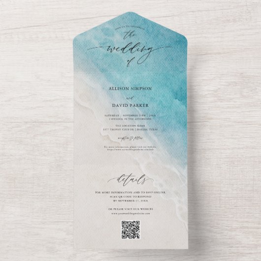 Ocean Beach Destination QR Wedding All In One Uitnodiging (Binnen)