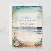 Ocean Beach Gris Et Faire-part de mariage Rose (Devant)