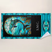 Ocean Beach House Blauwe Dolfijn Faux Glas in lood Strandlaken (Voorkant)