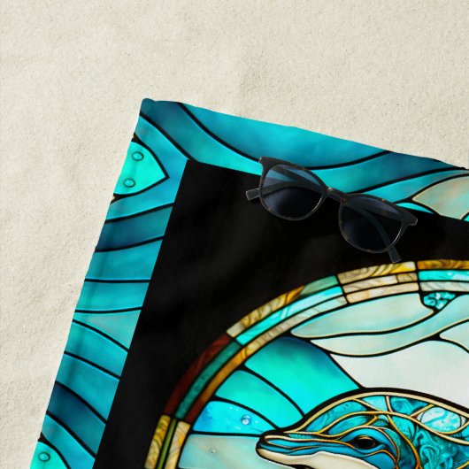 Ocean Beach House Blauwe Dolfijn Faux Glas in lood Strandlaken (In situ)