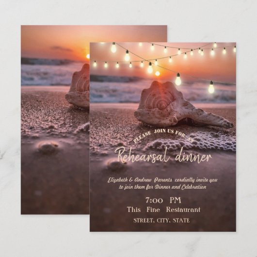 Ocean Beach, Light Seashell Rehearsal Dinner Kaart (Voorkant / Achterkant)