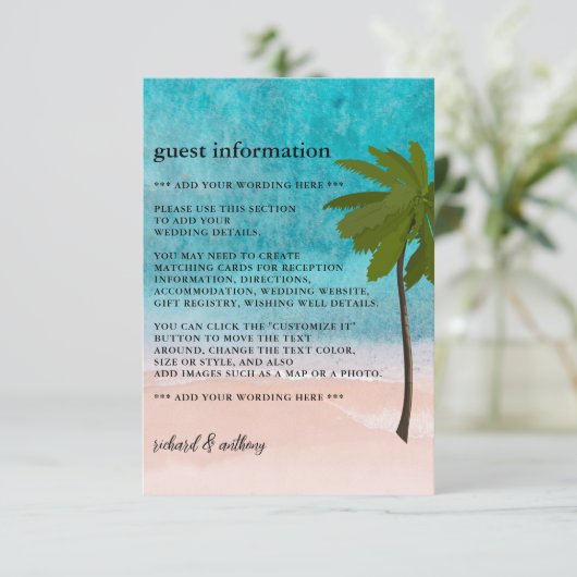 Ocean Beach Palm Tree bruiloft detail Informatiekaartje (Staand voorkant)