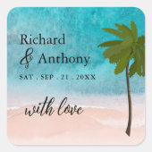 Ocean Beach Palm Tree bruiloft gunst Vierkante Sticker (Voorkant)