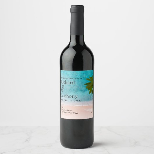 Ocean Beach Palm Tree bruiloft Wijn Etiket (Voorkant)