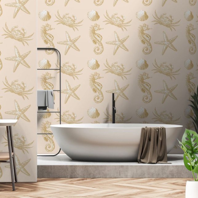 Ocean Beach Seahorse Starfish Crab & Shell Pattern Behang (Creator heeft geüpload)