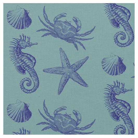 Ocean Beach Seahorse Starfish Crab & Shell Pattern Stof (Close Up)