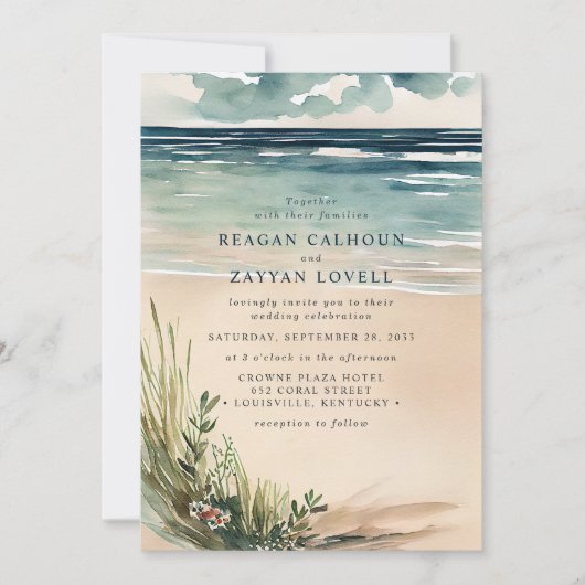Ocean Beach Seascape Waterverf Wedding Invitation Kaart (Voorkant)