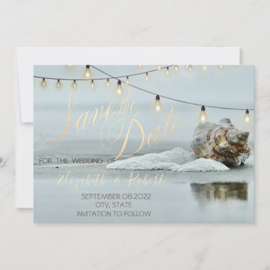 Ocean Beach Seashell String Light Save the Date (Voorkant)