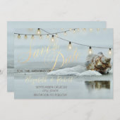 Ocean Beach Seashell String Light Save the Date (Voorkant / Achterkant)