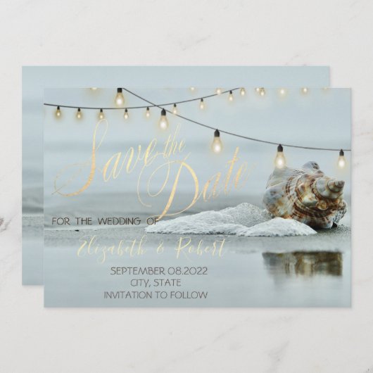 Ocean Beach Seashell String Light Save the Date (Voorkant / Achterkant)