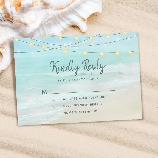 Ocean Beach Summer String Lights Wedding RSVP Kaartje