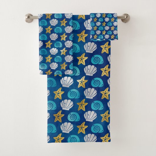 Ocean Beach Theme Seashells Starfish Gold Blue Bat Bad Handdoek (Insitu)