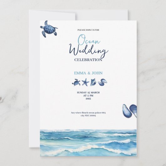 Ocean Beach vibes blue wedding invitation card (Devant)
