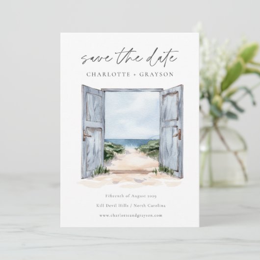 Ocean Beach Waterverf Bruiloft Save the Date (Staand voorkant)