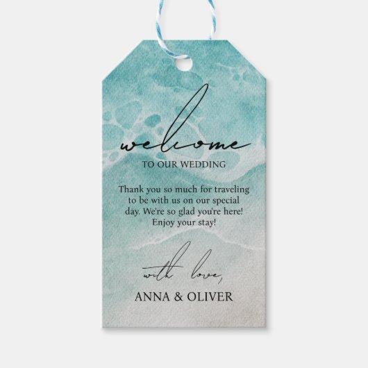 Ocean Beach Waterverf Bruiloft Welkom Cadeaulabel (Voorkant)
