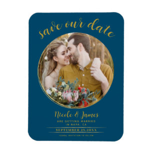Ocean Blauw & Goud Moderne Ronde Foto Save the Dat Magneet
