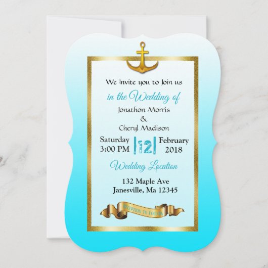 Ocean Blue Ancre Gold Faire-part de mariage (Devant)