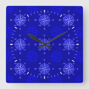 Ocean Blue Compass Roos Vierkante Klok