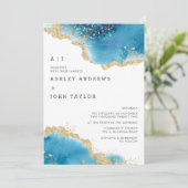 Ocean Blue et Gold Abstrait Faire-part de mariage (Debout devant)