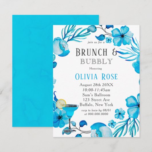 Ocean Blue Floral Brunch en Bubble Invitation Kaart (Voorkant / Achterkant)