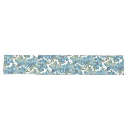 Ocean Blue Floral Fusion Waterverf Handgeschilderd Lange Tafelloper (Horizontaal)