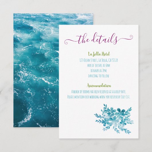 Ocean Blue Floral Wedding Enclosure Kaarten (Voorkant / Achterkant)
