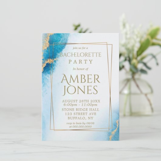 Ocean Blue Gold Agate Bachelorette Invitations (Debout devant)