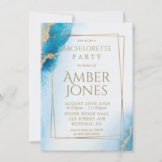 Ocean Blue Gold Agate Bachelorette Invitations (Devant)