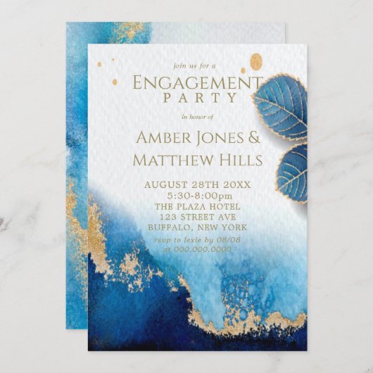 Ocean Blue Gold Agate Engagement Party Invitation (Devant / Derrière)