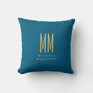Ocean Blue Gold Monogram Initiaal Letters Naam Kussen