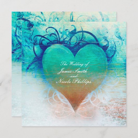 Ocean Blue Heart Beach Invitations tropicales (Devant / Derrière)