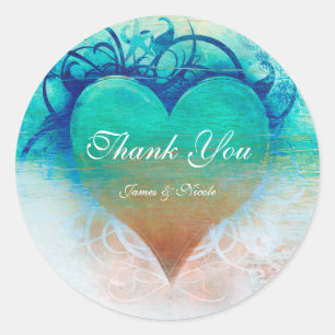 Ocean Blue Heart Grunge Tropische Strand Favor Ronde Sticker