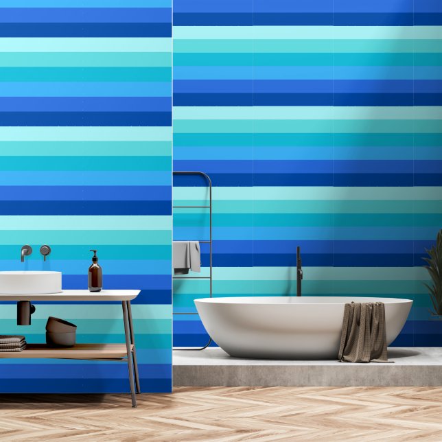 Ocean Blue Horizontal Stripe Behang (Badkamer)