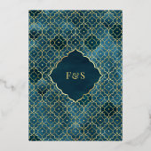 Ocean Blue Marokkaanse Arch Moslim Bruiloft Goud Folie Uitnodiging (Achterkant)